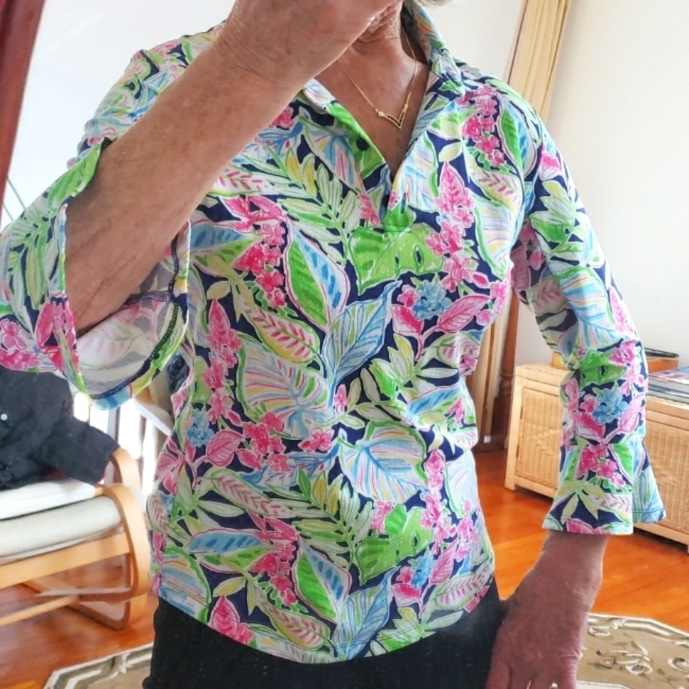 Ibkul Womens Athletic Collar Shirt M Colorful Tropical Leaf Mesh 3/4 Bell Sleeve